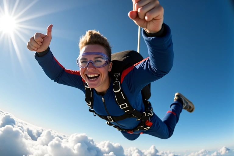 A skydiver in freefall, smiling and giving a thumbs up, with a clear blue sky and clouds in the background