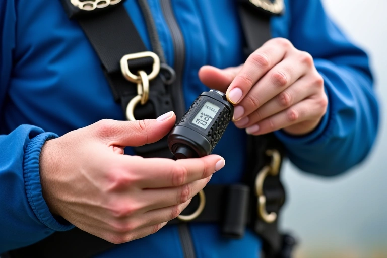 A close-up of modern skydiving equipment being checked by an instructor