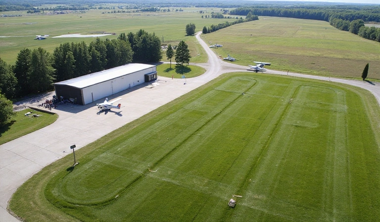 Aerial view of a modern skydiving dropzone with a large landing area and hangar