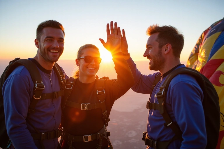 Group of happy skydivers celebrating after a successful jump, with parachute in the background at sunset