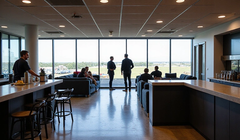 Interior view of a comfortable skydiving lounge and cafe at a dropzone