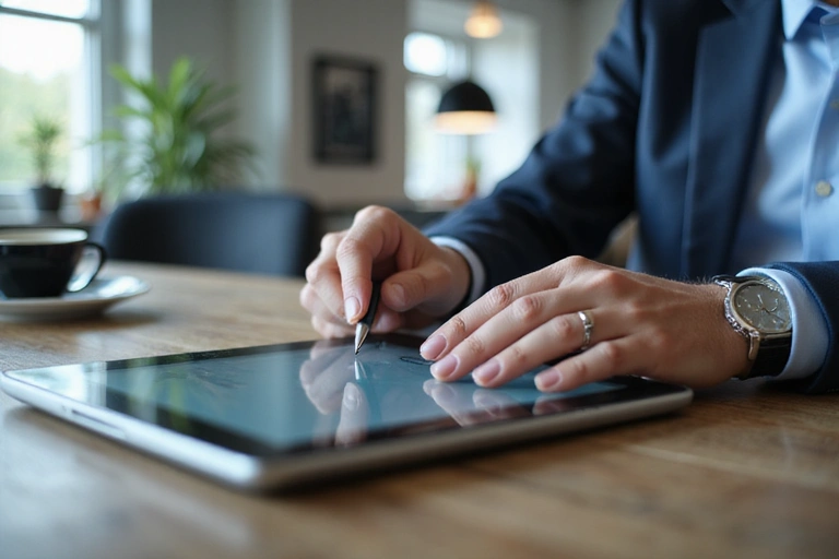 A person writing a message on a digital tablet, symbolizing communication