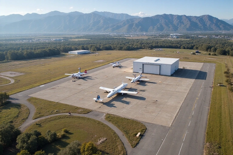 Aerial view of a modern skydiving dropzone with planes and facilities