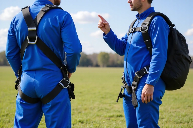A person getting ready for a skydive, wearing a jumpsuit and harness, with an instructor guiding them.