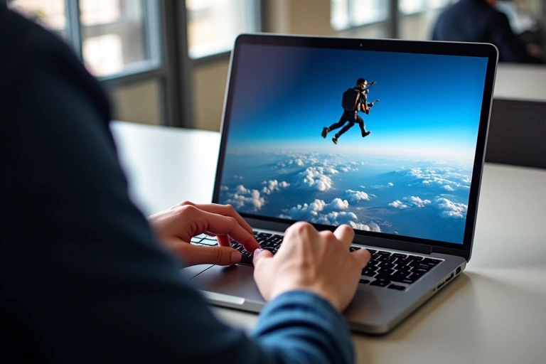 A person using a laptop to book a skydive online, with a vibrant skydiving image on the screen.