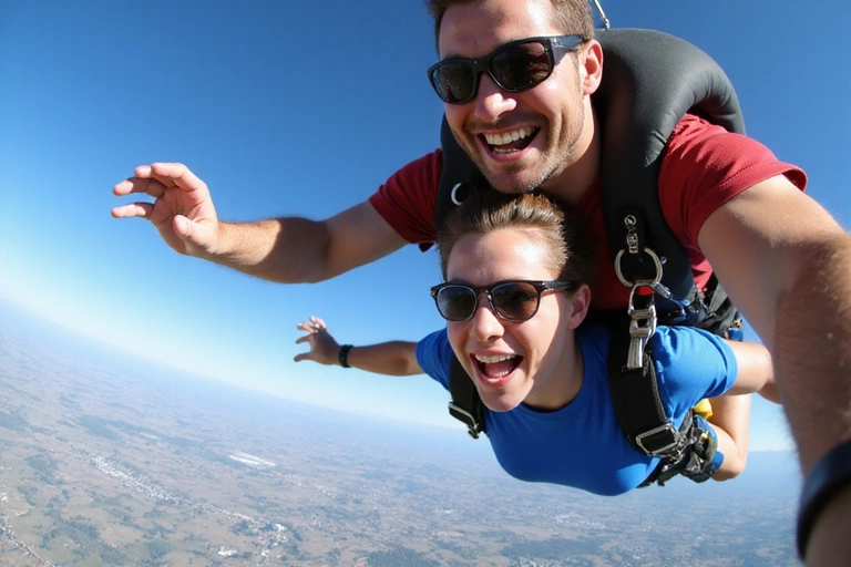 Two people in tandem freefall, smiling and enjoying the view, with a videographer capturing the moment.