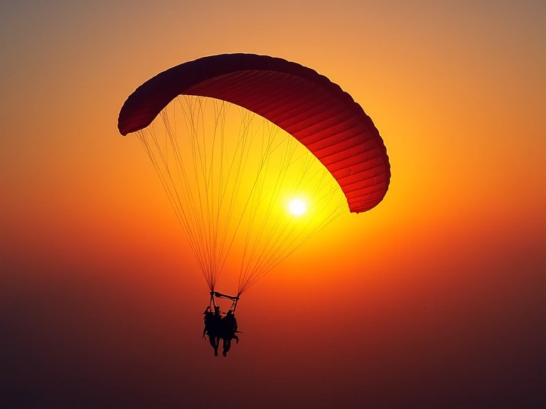 A parachute opening smoothly against a backdrop of a vibrant sunset, highlighting the beauty and tranquility of the descent.