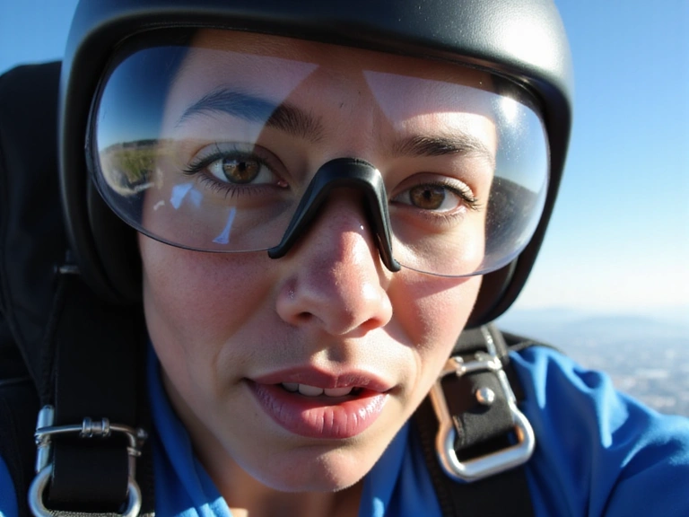 A close-up of a skydiver's face, goggles reflecting the sky, showing intense focus and exhilaration during freefall.