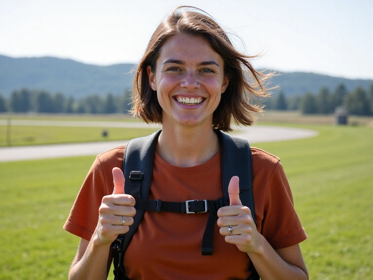 A happy customer giving a thumbs-up after a successful landing, still geared up, with a wide grin and windblown hair.