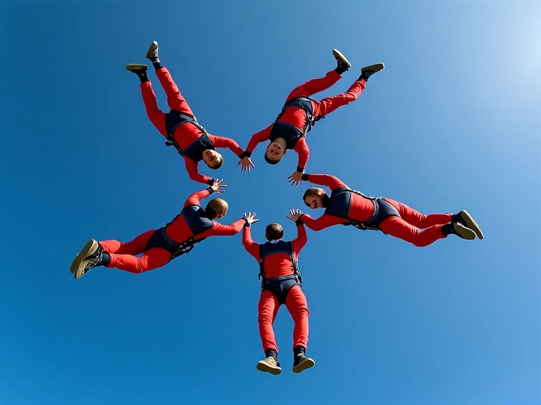 A group of skydivers forming a star formation in the air, demonstrating precision and teamwork in an advanced skydiving maneuver.