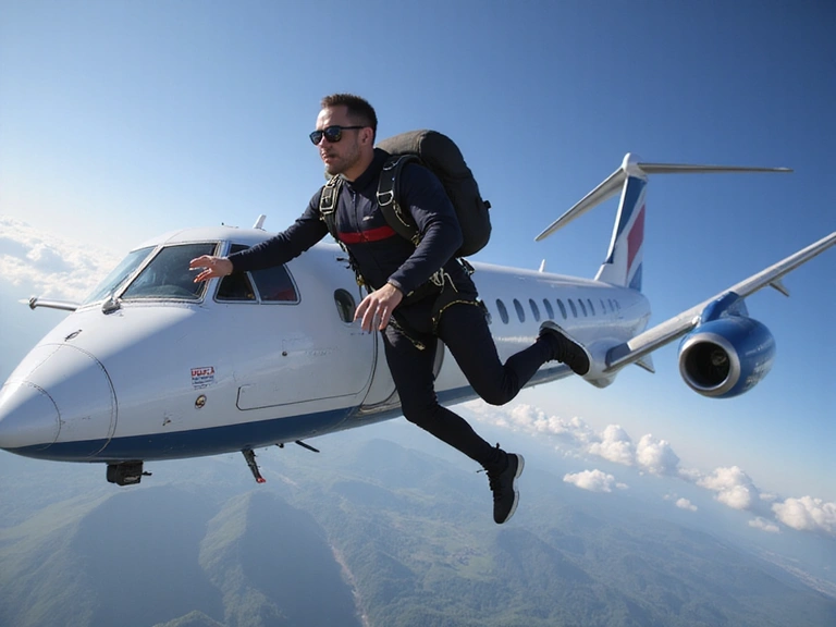 A skydiver just exiting the aircraft, captured mid-air with the plane in the background, depicting the initial moment of freefall.