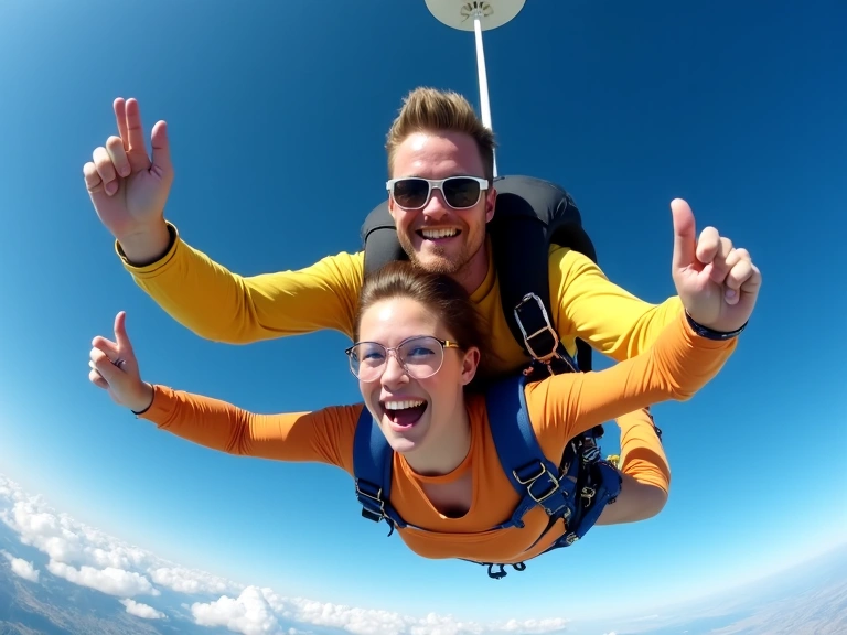Two people in tandem skydive, smiling broadly against a blue sky, capturing the pure joy of the experience.