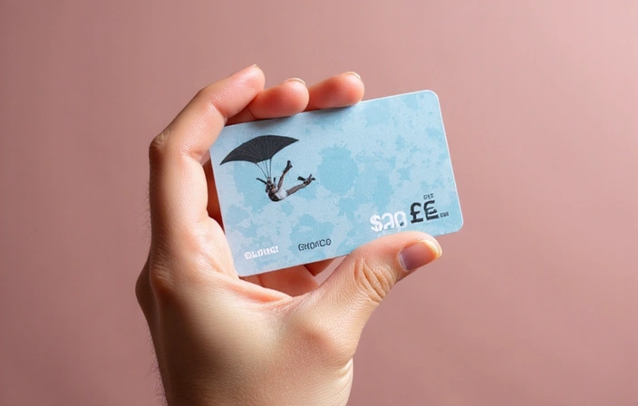 A hand holding a gift card with a skydiving theme, money signs, and a celebratory feel.