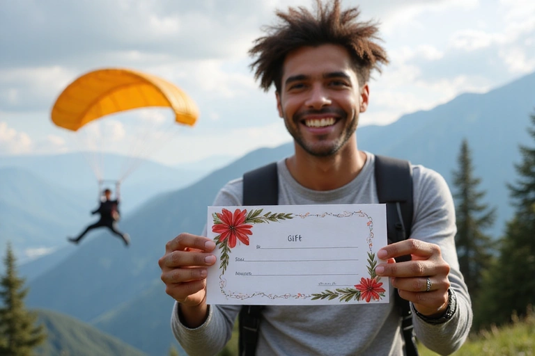A happy person receiving a gift certificate for skydiving, with a parachute visible in the background.