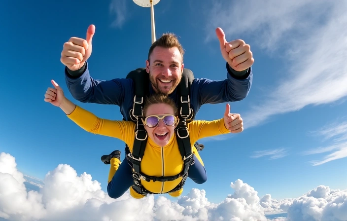 Two people in a tandem skydive, smiling and giving a thumbs up during freefall, with clear blue sky and clouds in the background.