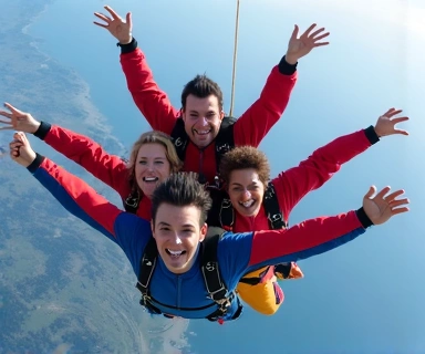 Experienced skydivers forming a formation in the sky