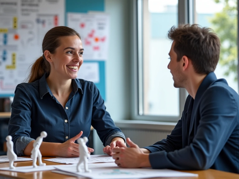 A skydiving coach giving instructions to a student in a classroom setting