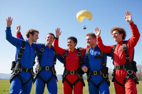 A group of friends celebrating after a skydiving jump