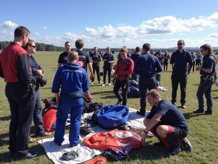 A group of licensed skydivers preparing their gear at a dropzone
