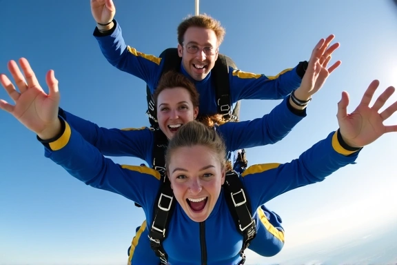 A team of colleagues skydiving together for a corporate event