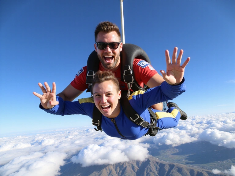 Two people doing a tandem skydive high above the clouds