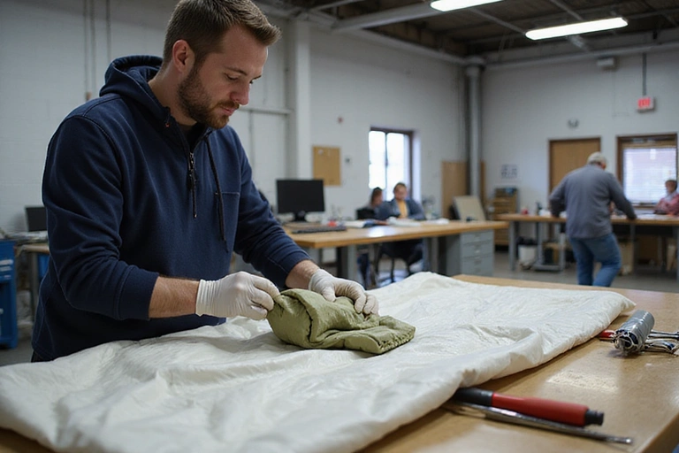 A certified rigger carefully inspecting a reserve parachute, with specialized tools and a pristine packing mat in a clean, well-lit rigging loft.