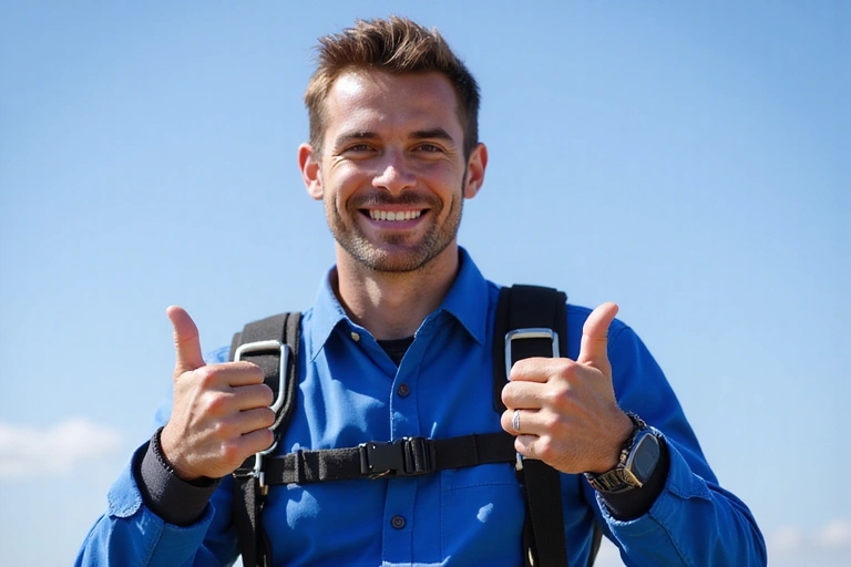 A professional skydiving instructor in a jumpsuit, smiling and giving a thumbs-up gesture, with a parachute rig visible. They exude confidence and approachability.