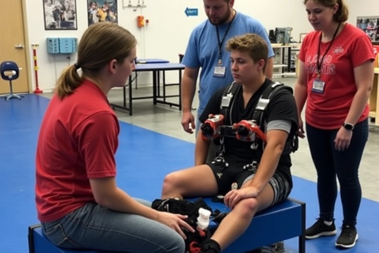 An instructor demonstrating proper body position to a tandem student on the ground, using a mock-up harness, with other students observing.